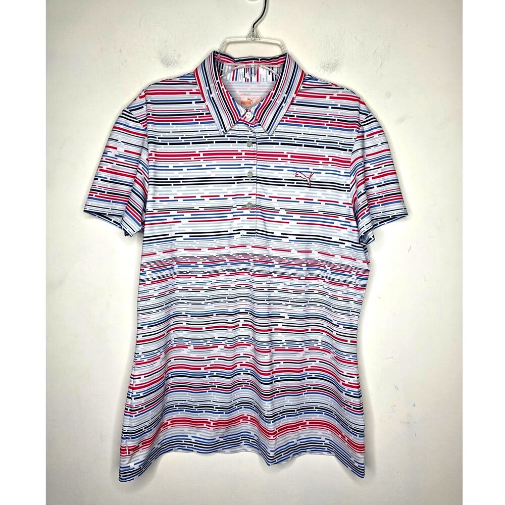 Puma red white blue striped short sleeve polo shirt - medium - golf tennis